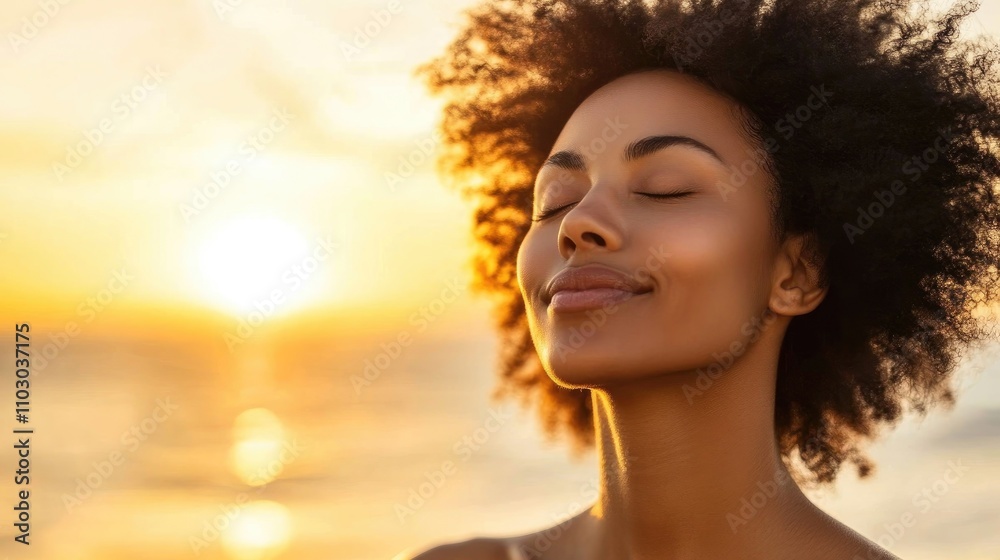 Serene sunset portrait of a joyful woman with curly hair, eyes closed, enjoying a tranquil moment by the ocean with warm golden light. Serene sunset portrait of a joyful woman with curly hair, eyes closed, enjoying a tranquil moment by the ocean with warm golden light.