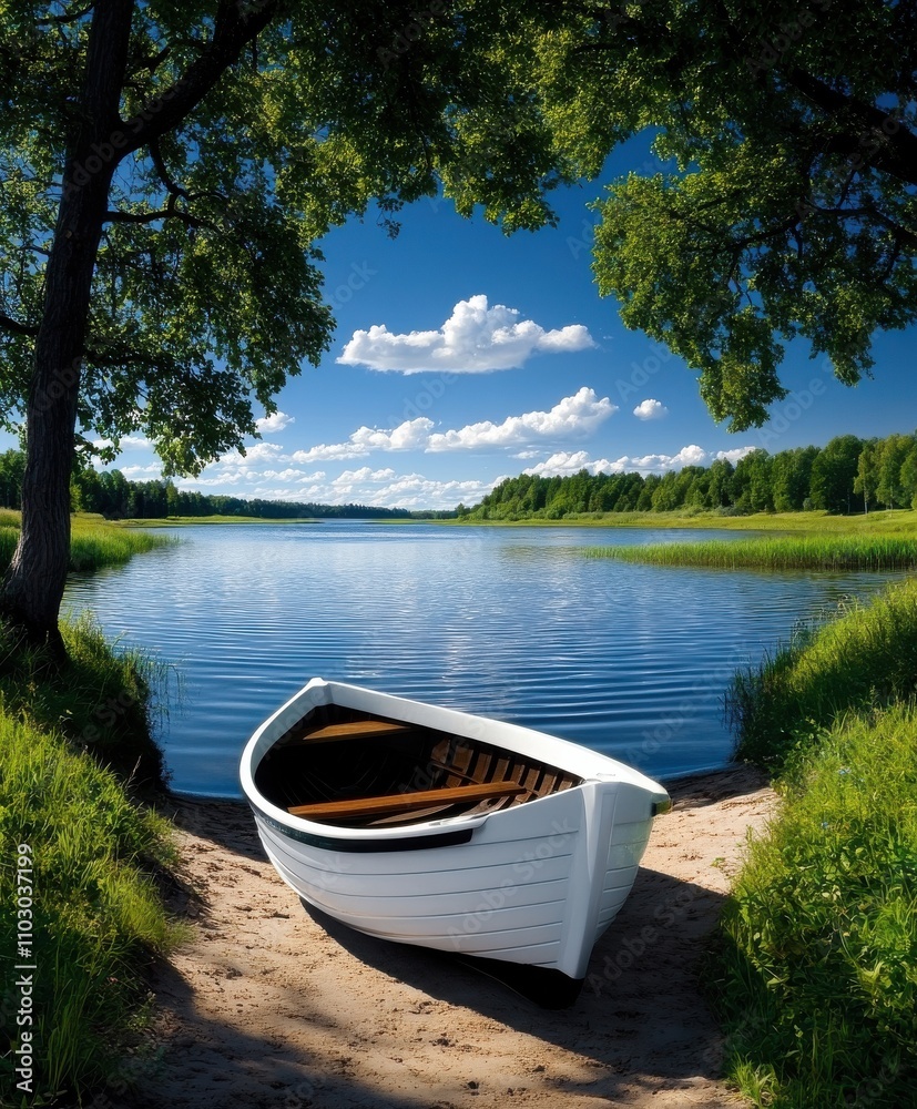 Serene Lakeside Scene with Wooden Boat Serene Lakeside Scene with Wooden Boat