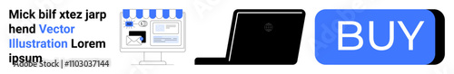Online store on computer screen, laptop, and blue BUY button. Ideal for e-commerce, online shopping, digital marketing, website landing page, internet retail, user interface, mobile commerce. Landing