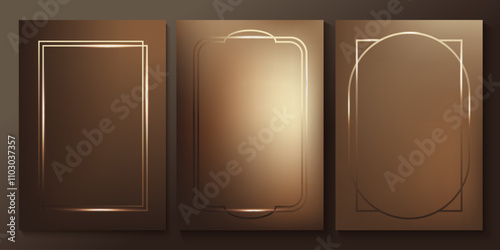 Set of chic elegant cards in brown, beige, yellow shades. Golden, copper lines, waves. Geometric pattern. Cover, packaging, business template. Frame for branding, logo, invitation. Gradient mesh.