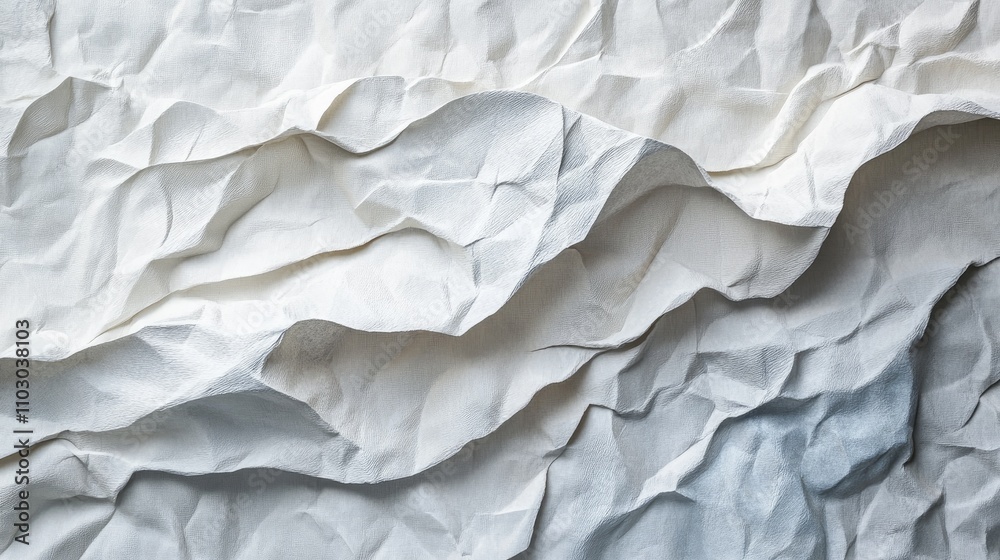 Crumpled white paper surface showcasing detailed textures and layered folds in gentle shades of cream and gray Crumpled white paper surface showcasing detailed textures and layered folds in gentle shades of cream and gray