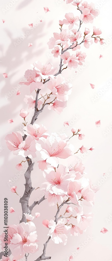 Delicate cherry blossoms and pale pink petals unfurl in a whimsical abstract floral design, set against a soft white background, blooming plants, pastel colors, floral patterns Delicate cherry blossoms and pale pink petals unfurl in a whimsical abstract floral design, set against a soft white background, blooming plants, pastel colors, floral patterns