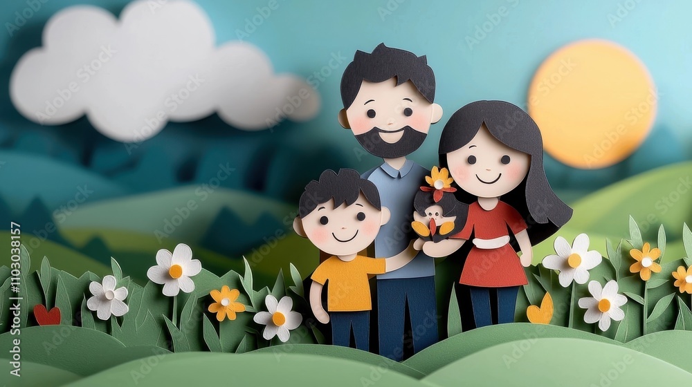 Portrait of a loving family a mother father and their two children smiling and embracing in a beautiful lush meadow surrounded by blooming flowers under a bright blue sky Portrait of a loving family a mother father and their two children smiling and embracing in a beautiful lush meadow surrounded by blooming flowers under a bright blue sky