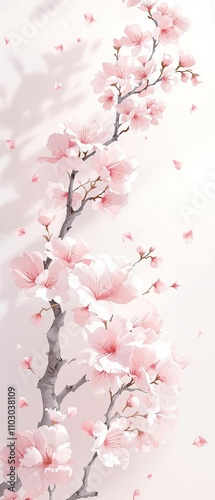 Delicate cherry blossoms and pale pink petals unfurl in a whimsical abstract floral design, set against a soft white background, blooming plants, pastel colors, floral patterns