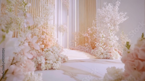 95.The wedding stage is a floral masterpiece, with white and light pink blooms arranged in intricate patterns, set against a minimalist white background with subtle golden decor to add a touch of