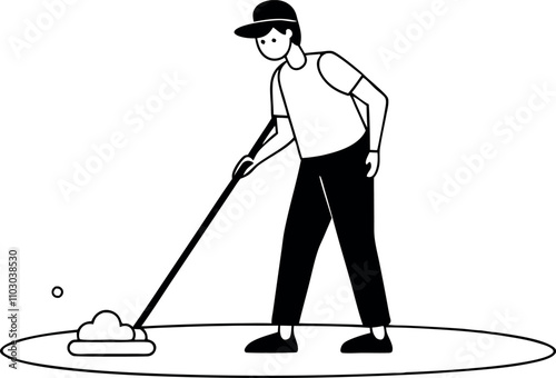 flat drawing of janitor mopping floor, line art vector illustration