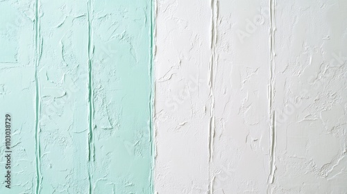 Closeup of a textured wall featuring decorative plaster with vertical lines in a stylish mint and white dual tone, perfect for a pastel design aesthetic. photo