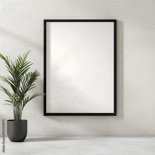 Elegant Minimalist Interior Design Featuring a Blank Frame on a Wall with a Green Plant in a Pot for Home Decor Inspiration
