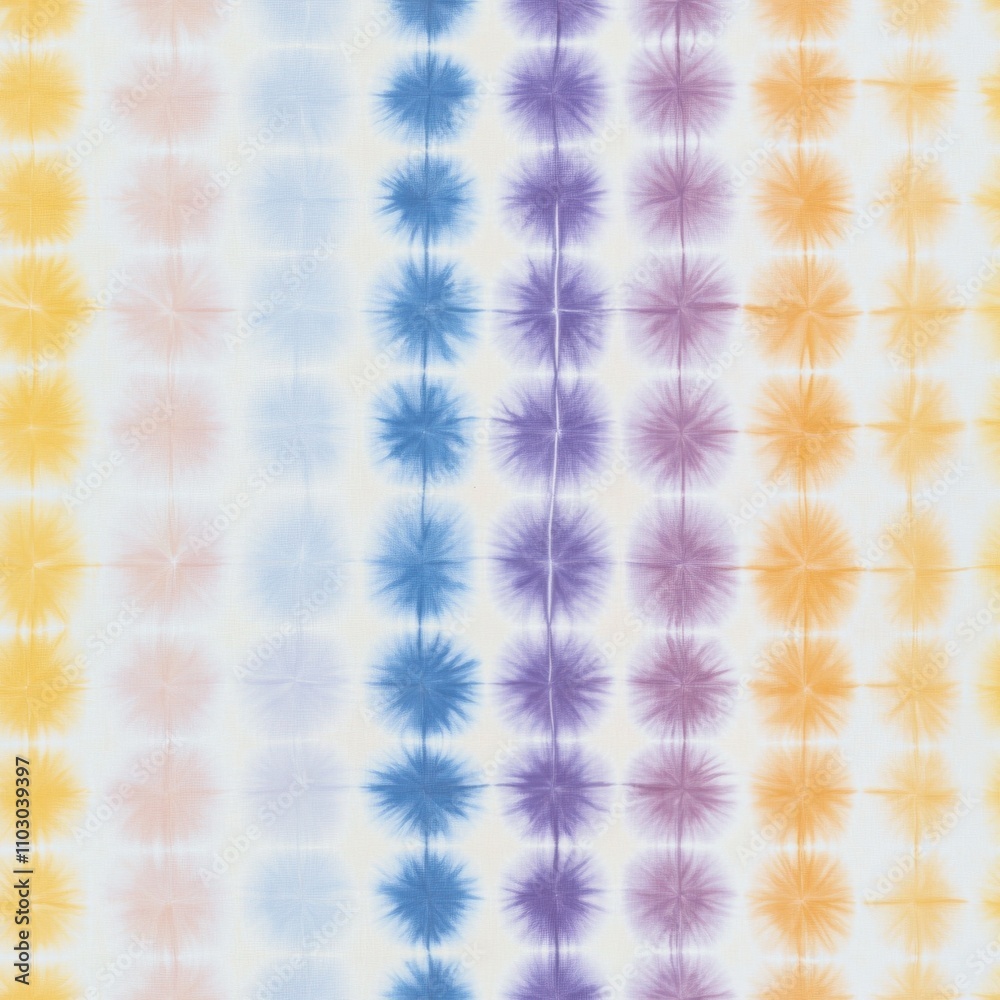 A vibrant tie-dye pattern featuring alternating rows of yellow, blue, purple, and orange designs on a light background. A vibrant tie-dye pattern featuring alternating rows of yellow, blue, purple, and orange designs on a light background.