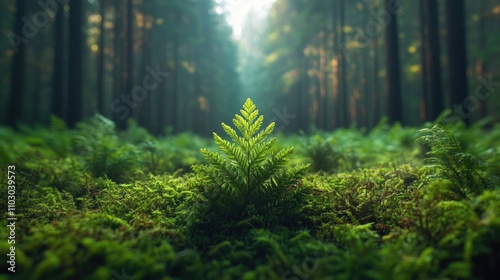 Green forest in morning fog.