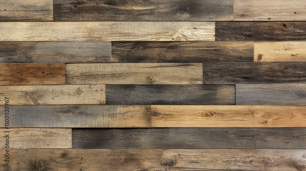 Naklejka premium Weathered wooden wall texture featuring closeboard design with overlapping planks in various earthy tones, ideal for backgrounds or text overlays.