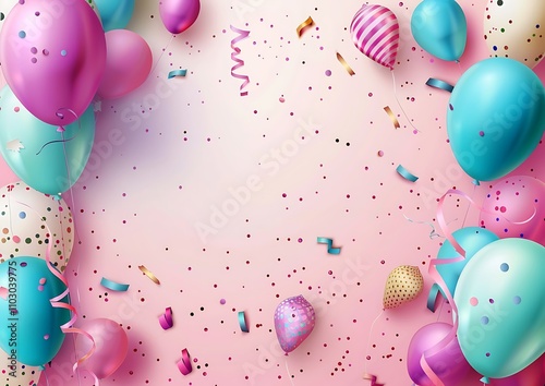 Vibrant Birthday Party Celebration with Colorful Balloons and Confetti on Blue Background photo