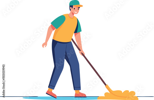 flat drawing of janitor mopping floor, line art vector illustration