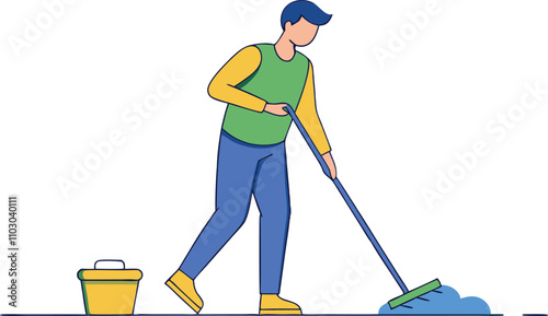 flat drawing of janitor mopping floor, line art vector illustration
