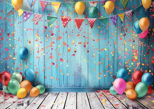 Vibrant Birthday Party Celebration with Colorful Balloons and Confetti on Blue Background photo