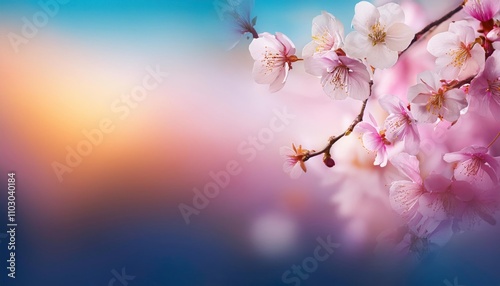 Fototapeta Naklejka Na Ścianę i Meble -  Cherry Blossom Sunset: A delicate branch of cherry blossoms blooms against a dreamy sunset sky. Soft hues of pink and blue create a romantic and serene atmosphere.