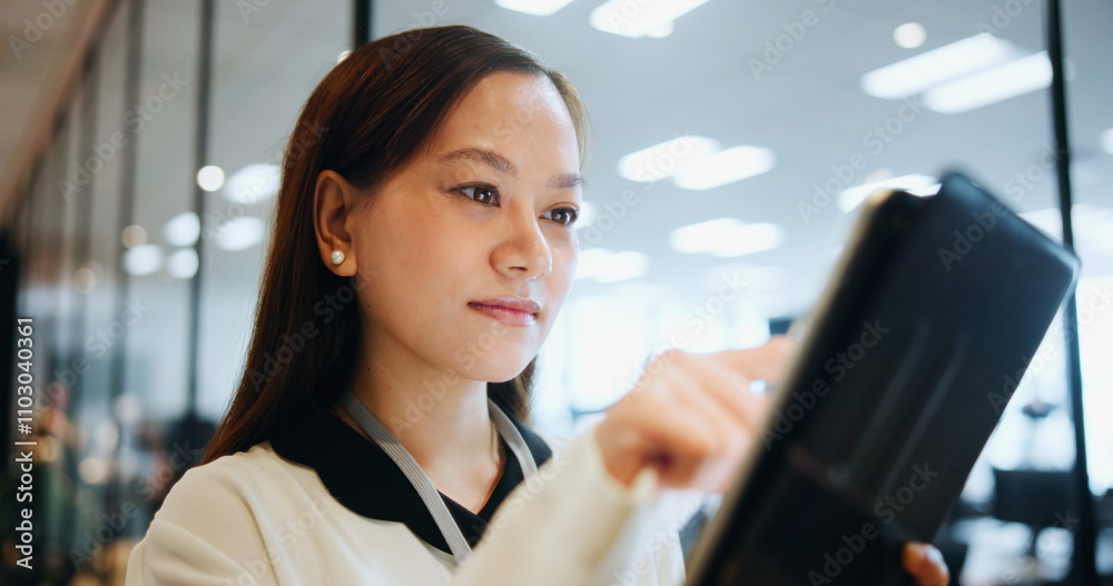 Business, woman and connection on tablet in office for portfolio management, funding application request or investment. Japanese firm, budget analyst or digital app for contract agreement or feedback Business, woman and connection on tablet in office for portfolio management, funding application request or investment. Japanese firm, budget analyst or digital app for contract agreement or feedback