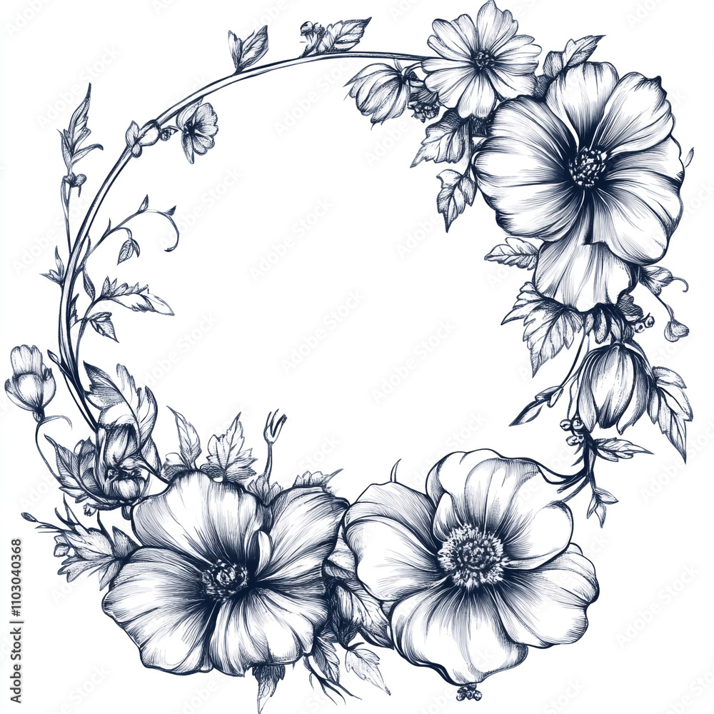 Circular Floral Line Art Frame in Black and White Circular Floral Line Art Frame in Black and White