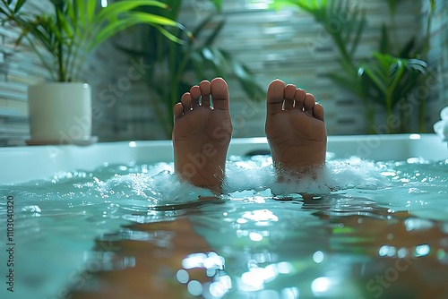 Spa Pedicure with Beautiful Woman's Feet and Pink Flowers in Water photo