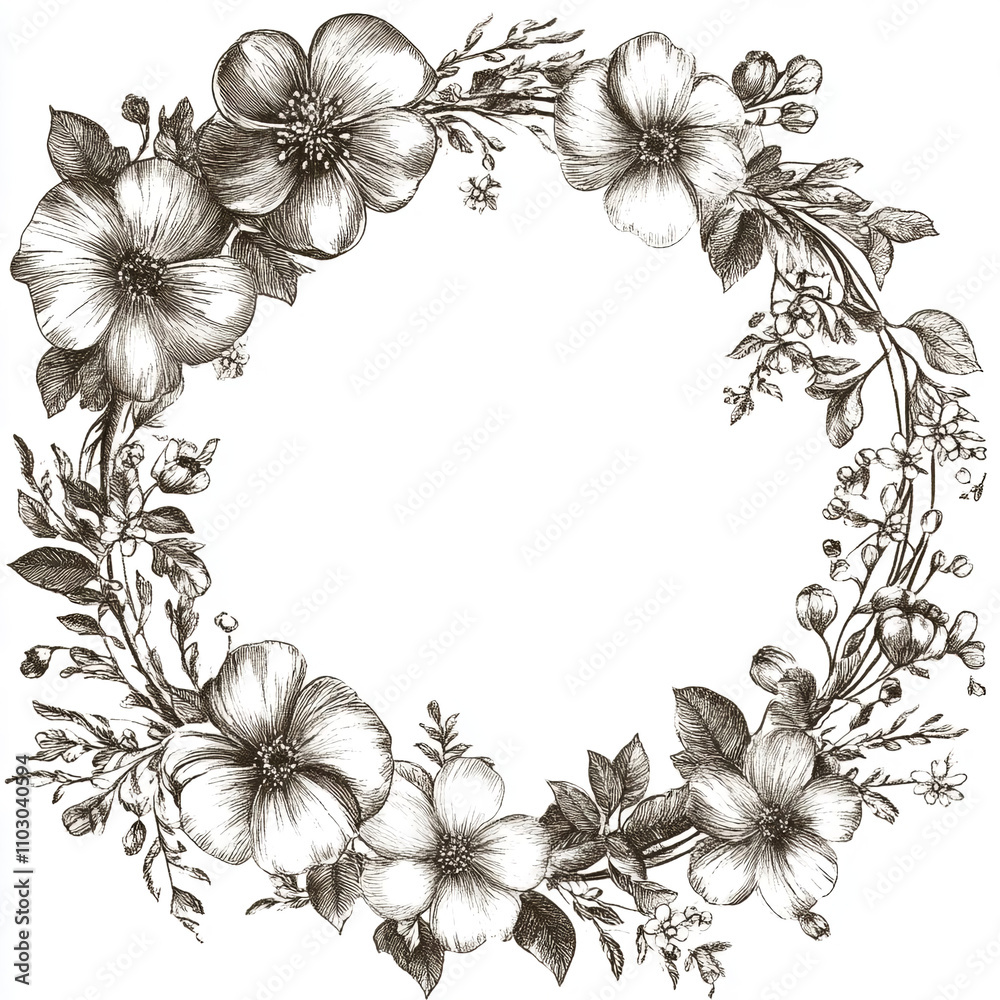 Circular Floral Line Art Frame in Black and White Circular Floral Line Art Frame in Black and White