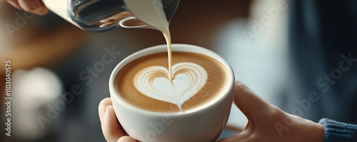 Barista pouring creamy milk into a cup of freshly brewed coffee, creating a beautiful heart-shaped latte art design, perfect for coffee lovers.