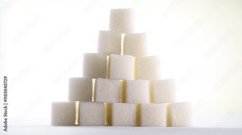 Stacked sugar cubes arranged in the shape of a warning sign on a white background. Health education, food safety, public health,diabetes prevention, childhood obesity, healthy eating, food labeling Stacked sugar cubes arranged in the shape of a warning sign on a white background. Health education, food safety, public health,diabetes prevention, childhood obesity, healthy eating, food labeling