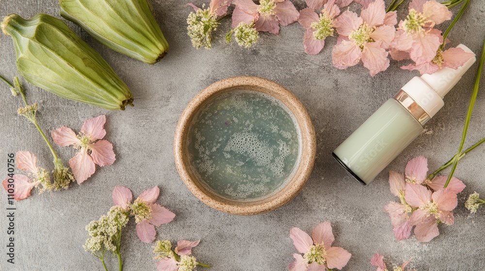 Natural skincare essentials with herbal extracts and floral accents Natural skincare essentials with herbal extracts and floral accents