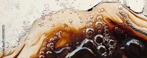Close-up of fizzy cola bubbles in motion, capturing the effervescent texture and rich brown tones of carbonated beverage.