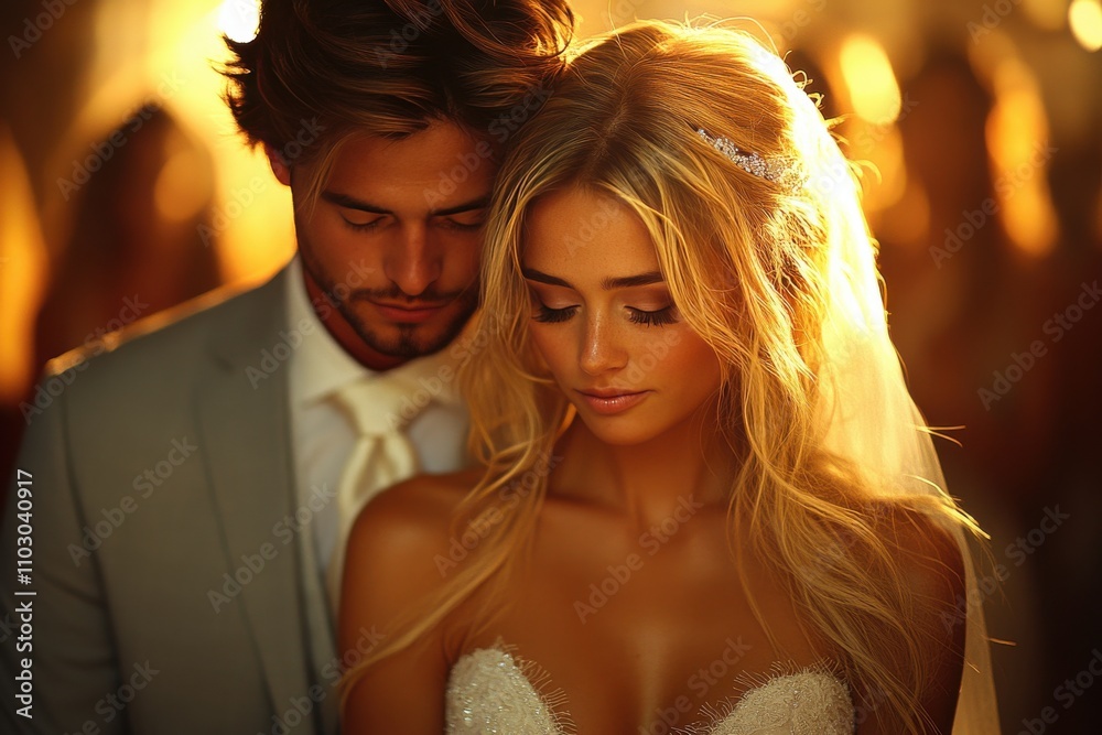 A bride and groom are posing for a picture, with the bride wearing a tiara A bride and groom are posing for a picture, with the bride wearing a tiara