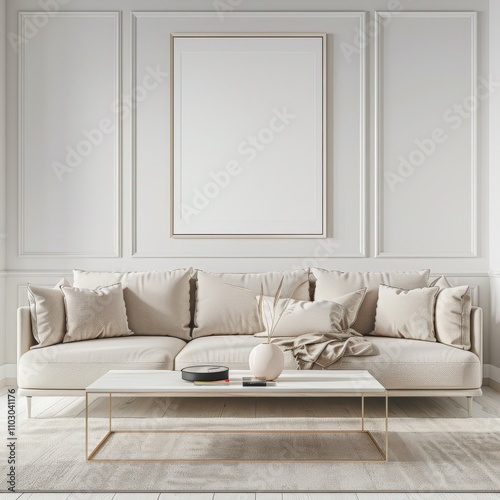 Minimalist living room interior with a beige sofa. a round coffee table. a rug. and a large framed picture on the wall