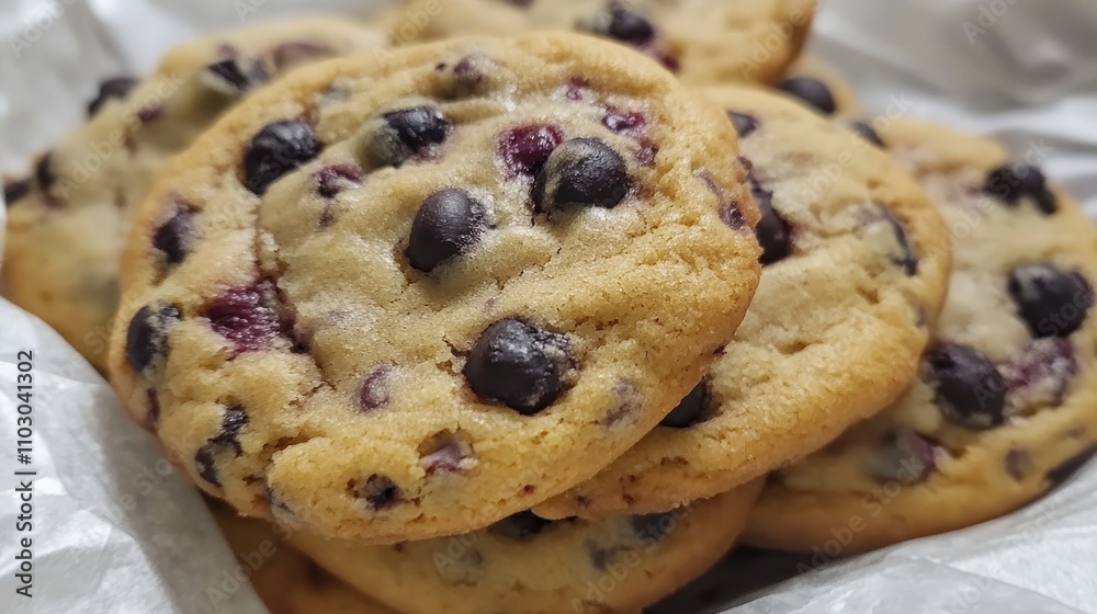 Delicious chocolate chip cookies infused with juicy blueberries, showcasing a golden-brown hue and a soft, chewy texture, perfect for dessert lovers.