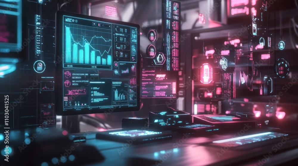 Futuristic control room with glowing monitors displaying data graphs and charts. Futuristic control room with glowing monitors displaying data graphs and charts.