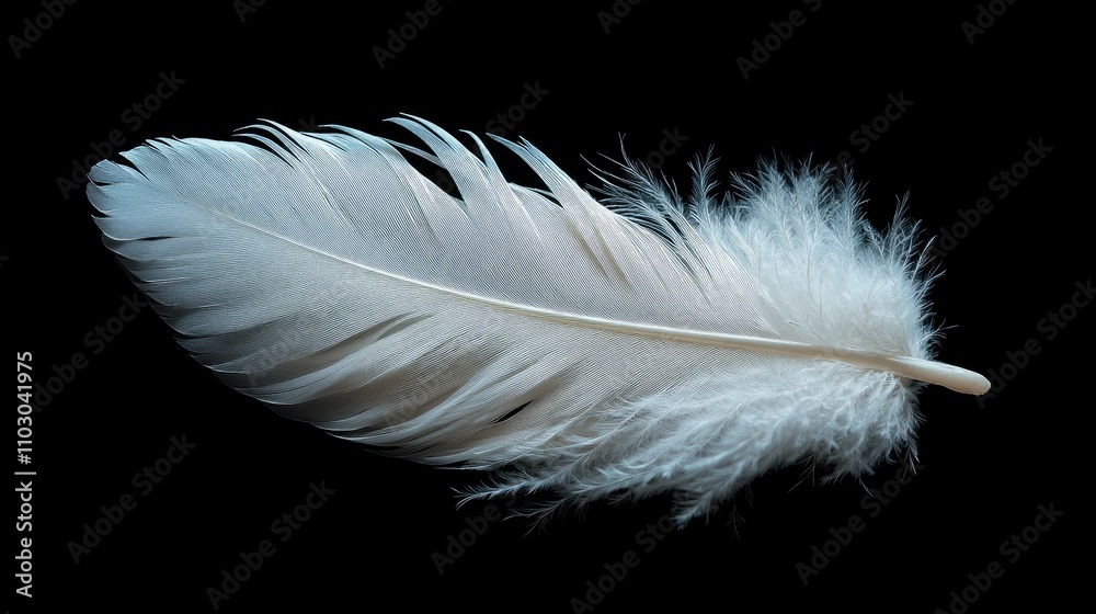 Delicate white feather featuring intricate details and soft, fluffy texture set against a solid dark background, evoking a sense of lightness and serenity. Delicate white feather featuring intricate details and soft, fluffy texture set against a solid dark background, evoking a sense of lightness and serenity.