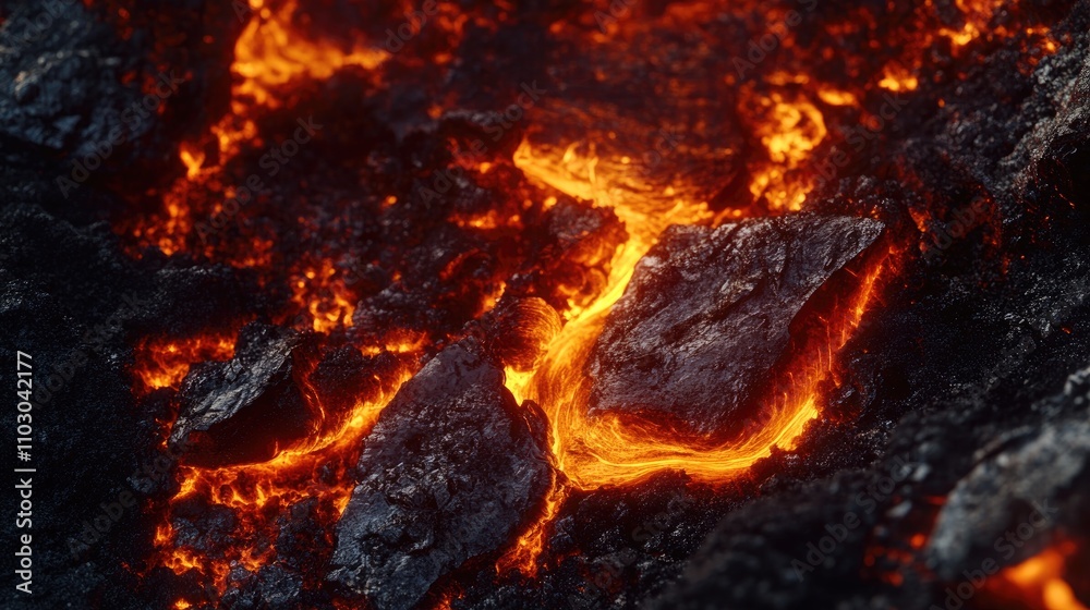 Molten iron flowing through rugged terrain, showcasing vibrant orange and yellow hues amidst dark, textured surfaces in a steel plant environment. Molten iron flowing through rugged terrain, showcasing vibrant orange and yellow hues amidst dark, textured surfaces in a steel plant environment.