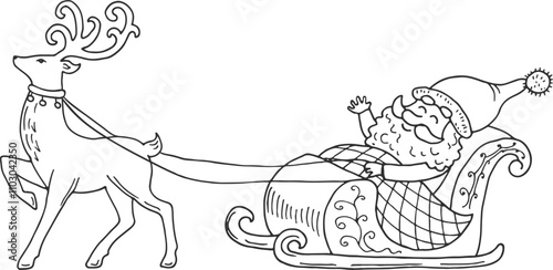 Santa riding on deer sleigh black line drawing photo