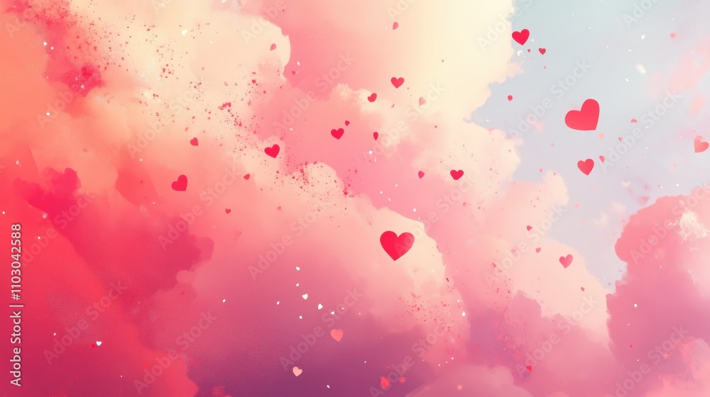 A sky-inspired background with fluffy pink and red heart-shaped clouds. A sky-inspired background with fluffy pink and red heart-shaped clouds.