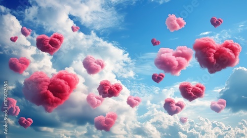 sky-inspired background with fluffy pink and red heart-shaped clouds.