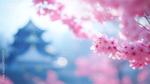 Dreamy scene of osaka castle surrounded by delicate pink cherry blossom in bloom photo