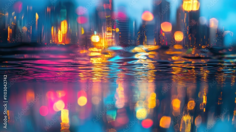 Fototapeta premium Blurry city lights reflected in rain-slicked street.