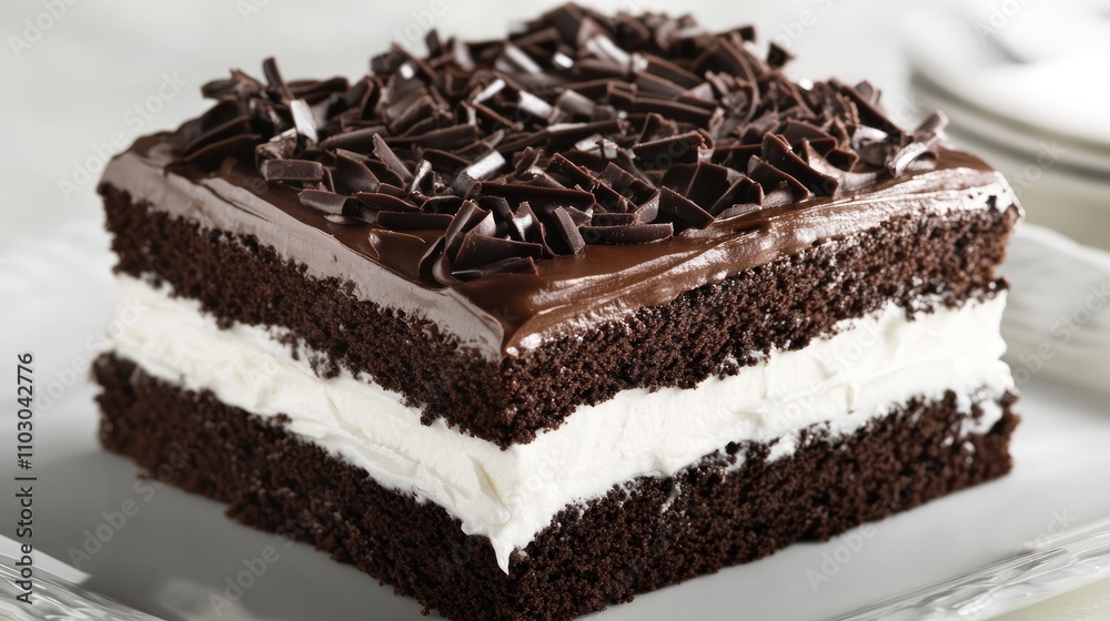Decadent square chocolate cake with luscious frosting and creamy white filling, garnished with chocolate shavings on top. Decadent square chocolate cake with luscious frosting and creamy white filling, garnished with chocolate shavings on top.