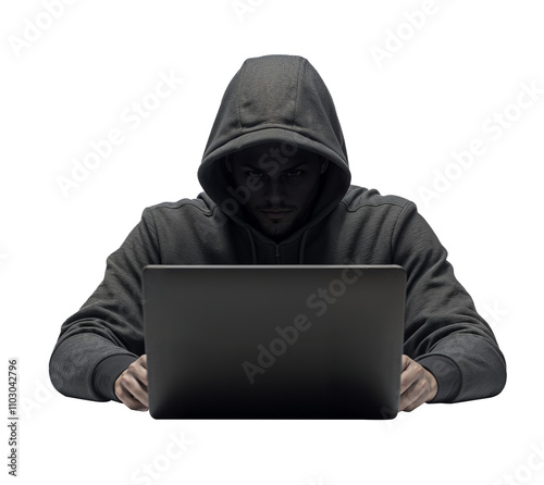 Hooded Hacker Using Laptop, Isolated on Transparent Background for Cybersecurity, Hacking, and Digital Crime Concepts
