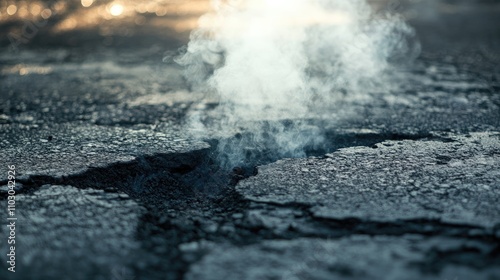 Smoke rising from cracked asphalt surface due to high temperatures, showcasing heat effects on pavement in a close-up view.