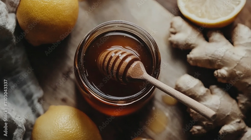 Wooden spoon in honey jar with ginger and lemon on table, highlighting natural moisturizing and strengthening properties of ingredients. Wooden spoon in honey jar with ginger and lemon on table, highlighting natural moisturizing and strengthening properties of ingredients.
