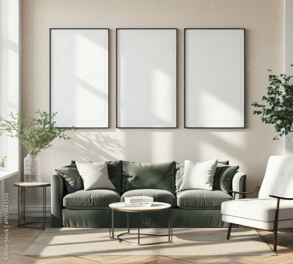 A modern living room with a green velvet sofa. a white armchair. a coffee table. and three framed posters on the wall A modern living room with a green velvet sofa. a white armchair. a coffee table. and three framed posters on the wall