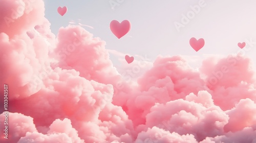 A whimsical design featuring heart-shaped clouds floating in a pink sky.