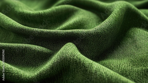 Green knitted wool fabric texture showcasing intricate patterns and soft, flowing drapes, ideal for textile design and cozy fashion applications.