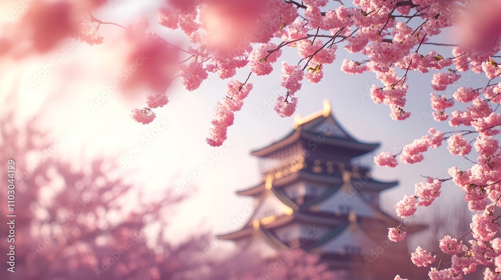 Fototapeta premium Blurry osaka castle framed by beautiful pink cherry blossom trees in full bloom during spring season