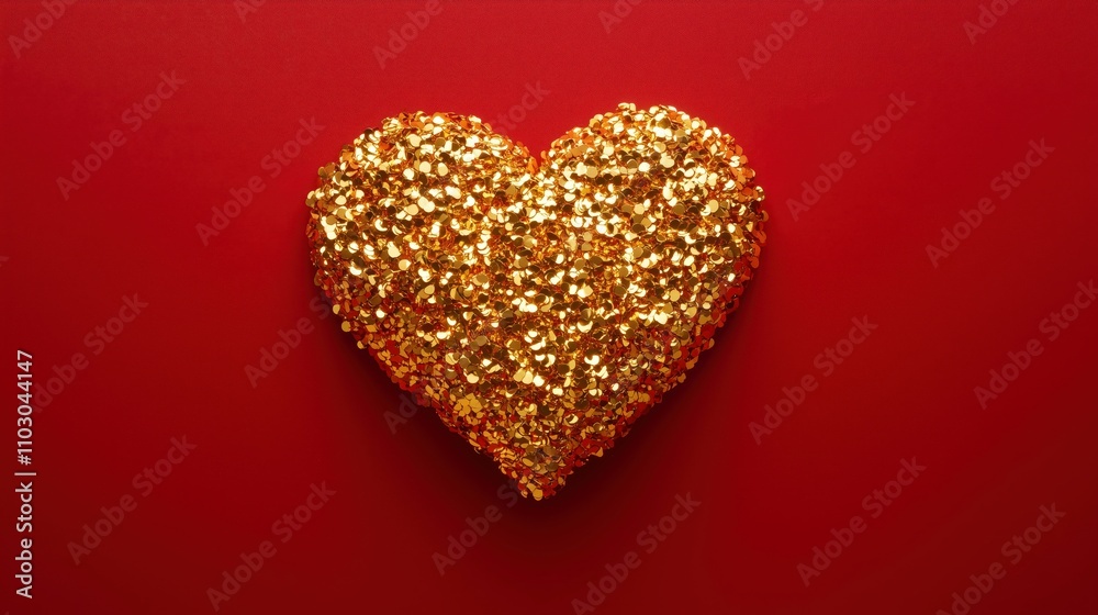 A shimmering heart made of golden particles on a rich red background. A shimmering heart made of golden particles on a rich red background.