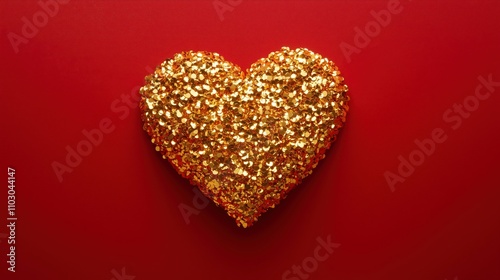 A shimmering heart made of golden particles on a rich red background.