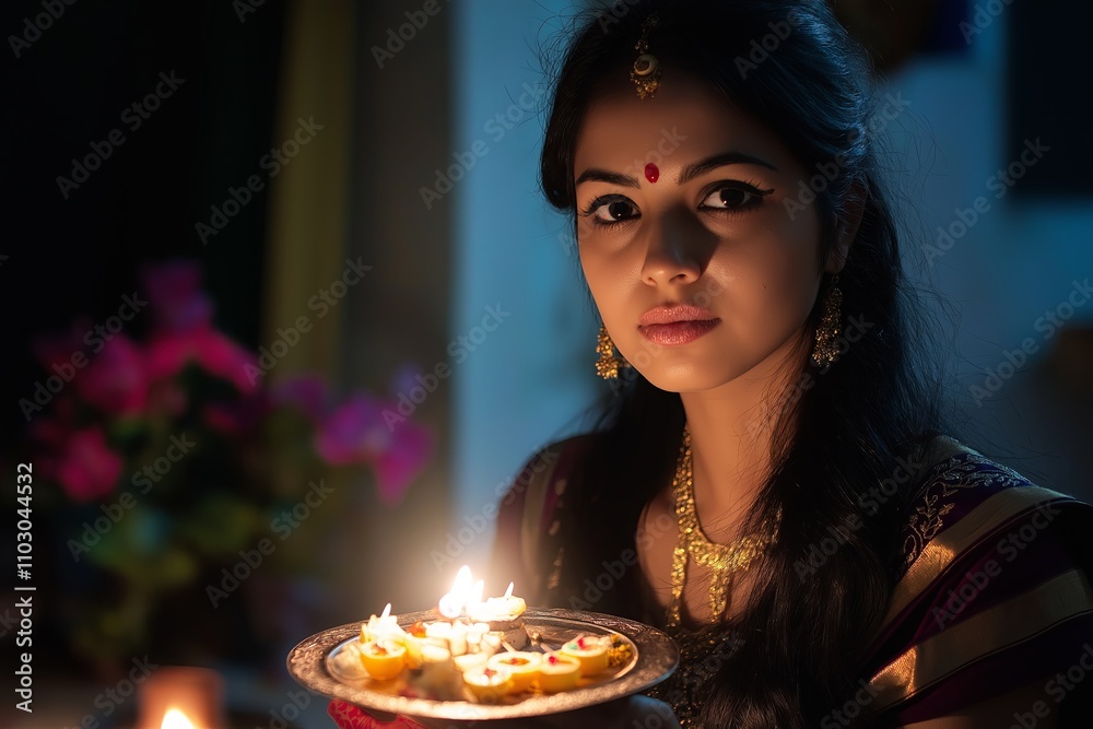 An Indian woman holding a thali (plate) during a puja ceremony, the light from the diya softly illuminating her face An Indian woman holding a thali (plate) during a puja ceremony, the light from the diya softly illuminating her face